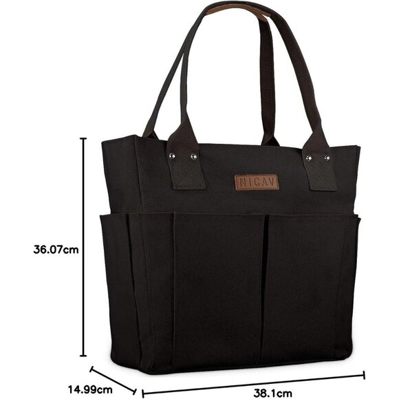 Women's Black Tote Bags Large Utility Bags with Pockets Zip for Teacher Work - Picture 8 of 8